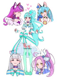 5girls ahoge animal_ear_fluff animal_ears aqua_boots aqua_bow aqua_bowtie aqua_hair arm_warmers black_choker blue_eyes blue_gloves boots bow bow_choker bowtie brooch cat_ears cat_girl choker closed_eyes closed_mouth crown_earrings cure_beat cure_cosmo cure_lillian cure_macaron cure_nyammy dress earrings expressionless extra_ears gloves hair_behind_ear hair_intakes hat heart heart_brooch high-low_dress high_heel_boots high_heels high_ponytail highres in-franchise_crossover jewelry kirakira_precure_a_la_mode kotozume_yukari kurokawa_eren light_smile long_hair looking_at_viewer low_twintails magical_girl mini_hat multiple_girls nekoyashiki_mayu nekoyashiki_yuki pink_eyes pleated_dress pointy_ears ponytail precure purple_choker purple_gloves purple_hair shirako_love side_ponytail simple_background sleeveless sleeveless_dress star_twinkle_precure striped_bow striped_bowtie striped_clothes stud_earrings suite_precure thigh_boots tongue tongue_out top_hat twintails very_long_hair wavy_hair white_background white_dress white_hair wonderful_precure! yellow_eyes yuni_(precure)