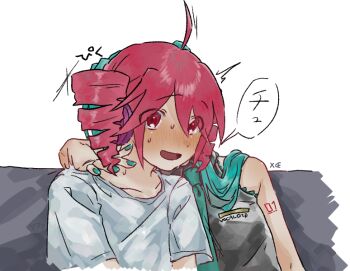 2girls ahoge blue_hair blush drill_hair expressive_hair hand_on_another's_shoulder hatsune_miku kasane_teto long_hair mgx_xpm multiple_girls nail_polish necktie nose_blush open_mouth pink_eyes pink_hair shirt short_sleeves sleeveless sleeveless_shirt smile sweat t-shirt translation_request twin_drills utau vocaloid yuri