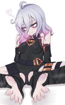 1girl absurdres bare_shoulders black_sleeves black_socks black_unitard breasts briar_(league_of_legends) closed_mouth colored_sclera colored_skin colored_tips covered_erect_nipples detached_sleeves fang feet_together female_focus foot_focus full_body grey_hair grey_skin highres league_of_legends long_toenails looking_at_viewer medium_hair meemz_a multicolored_hair naughty_face petite pointy_ears red_hair red_sclera sharp_toenails simple_background sitting sleeveless sleeveless_unitard small_breasts smile socks solo spread_legs stirrup_legwear toeless_legwear toenails toes two-tone_hair unitard vampire white_background white_eyes