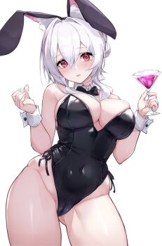 1girl absurdres animal_ears black_bow black_bowtie black_leotard blush bow bowtie cameltoe chaos_zero_nightmare cleft_of_venus collar covered_navel cup detached_collar drinking_glass highres holding holding_cup kenzuishi_(pixiv1071422) leotard playboy_bunny pussy rabbit_ears red_eyes selena_(chaos_zero_nightmare) white_background white_collar white_hair wine_glass wrist_cuffs