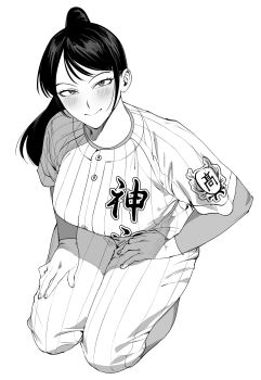 Rule 34 | 1girl, aa kabeuchi, absurdres, baseball jersey, baseball uniform, blush, breasts, closed mouth, full body, greyscale, hands on own legs, highres, jersey, large breasts, layered sleeves, long hair, long sleeves, looking at viewer, monochrome, pants, ponytail, print shirt, sankyuu pitch, seiza, shirt, short over long sleeves, short sleeves, simple background, sitting, smile, solo, sportswear, striped clothes, striped pants, striped shirt, todoroki ikuko, vertical-striped clothes, vertical-striped pants, vertical-striped shirt, white background