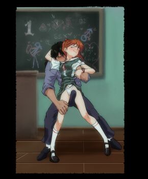 1boy 1girl age_difference amondetauro black_shoes blue_shirt blush breasts bulge classroom commentary english_commentary erection erection_under_clothes eva_02 grabbing_another's_breast green_skirt green_vest groping hand_under_clothes happy hetero highres kaji_ryouji licking neon_genesis_evangelion orange_hair panties school_uniform shirt shoes skirt smile socks souryuu_asuka_langley tokyo-3_middle_school_uniform underwear vest white_panties white_shirt white_socks