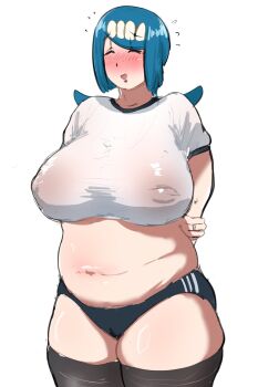 1girl areolae_visible_through_clothing arms_behind_back artist_request belly black_thighhighs blue_hair blush breasts buruma cameltoe closed_eyes crop_top dyson00 freckles full-face_blush gym_shirt gym_shorts hair_ornament highres holding_own_arm jewelry lana&#039;s_mother_(pokemon) large_breasts low_ponytail mature_female medium_hair midriff navel nintendo open_mouth plump pokemon pokemon_(anime) pokemon_sm_(anime) ponytail ring see-through_clothes see-through_shirt shirt short_shorts shorts smile solo standing t-shirt thick_thighs thighhighs thighs white_background white_shirt