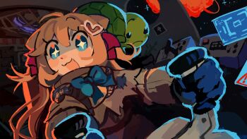 +_+ 1girl :3 ahoge blue_bow blue_eyes blush blush_stickers bow brown_hair closed_mouth commentary english_commentary eyelashes gloves hair_ornament hair_ribbon heart heart_hair_ornament highres holographic_interface long_hair neuro-sama official_art open_mouth pasharuu piloting red_ribbon ribbon smile space spacesuit star_(sky) turtle two_side_up vedal987 vedal_ai vehicle_interior video_thumbnail virtual_youtuber youtube_video_thumbnail