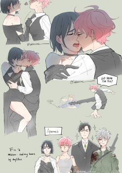 Rule 34 | 2girls, 3boys, absurdres, alien stage, black choker, black dress, black gloves, black hair, black jacket, black necktie, black pants, black suit, black vest, blood, blood on clothes, blood on face, blush, choker, closed eyes, clothes grab, collared shirt, commentary, dress, elbow gloves, english commentary, english text, fanfiction available, formal clothes, french kiss, gloves, green background, green jacket, gun, hand on another&#039;s neck, hand on another&#039;s waist, handgun, highres, ivan (alien stage), jacket, jun (lettuccine), kiss, leg between thighs, mizi (alien stage), multiple boys, multiple girls, necktie, necktie grab, neckwear grab, off-shoulder dress, off shoulder, pants, purple eyes, saliva, saliva trail, shirt, short hair, simple background, sparkle, speech bubble, sua (alien stage), suit, till (alien stage), tongue, tongue out, vest, weapon, white dress, white hair, white shirt, wig, yellow eyes, yuri