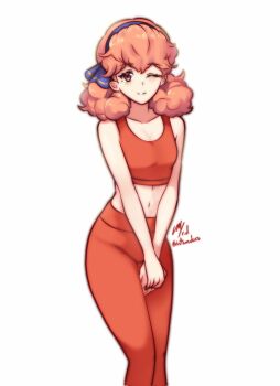 1girl blue_hairband breasts breasts_squeezed_together cleavage fire_emblem fire_emblem_echoes:_shadows_of_valentia genny_(fire_emblem) hairband happy highres leggings light_blush navel nintendo one_eye_closed own_hands_together pink_hair red_eyes red_leggings rotomdocs simple_background small_breasts solo sports_bra sportswear thighs white_background wide_hips