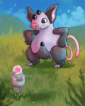 artist_name blue_sky bouncing cloud commentary day english_commentary evolutionary_line gen_3_pokemon grass grumpig hand_on_own_hip highres imazartz motion_lines nintendo no_humans nostrils outdoors pokemon pokemon_(creature) pokemon_focus sky smile spoink standing