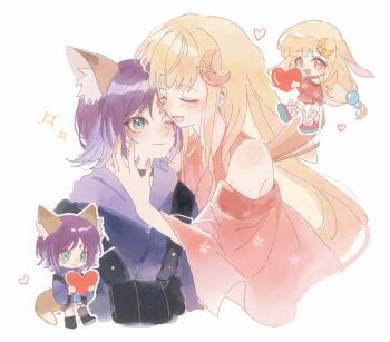 2girls animal_ears aqua_eyes blonde_hair blush chibi chou_kaguya-hime! closed_eyes commentary crescent crescent_hair_ornament fox_ears fox_tail hair_ornament heart highres japanese_clothes kaguya_(chou_kaguya-hime!) long_hair lop_rabbit_ears low-tied_long_hair multicolored_hair multiple_girls omedetou_(xhs_7417236017) one_eye_closed purple_hair rabbit_ears sakayori_iroha short_hair smile symbol-only_commentary tail yuri