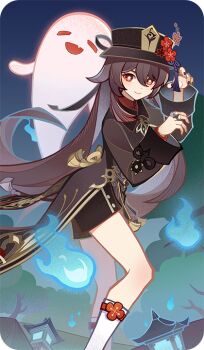 1girl bad_source black_hat black_nails boo_tao_(genshin_impact) brown_hair chinese_clothes flower flower-shaped_pupils genshin_impact ghost ghost_pose hair_between_eyes hands_up hat hat_flower hu_tao_(genshin_impact) jewelry kneehighs long_hair long_sleeves looking_at_viewer multiple_rings official_art red_eyes ring shorts socks solo standing symbol-shaped_pupils twintails very_long_hair white_socks