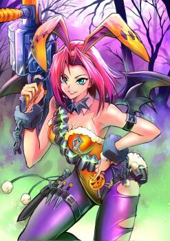1girl adapted_costume alternate_costume ammunition_belt animal_ears aqua_eyes arm_belt bare_shoulders bat_bowtie bat_wings black_bow black_bowtie black_nails bow bowtie breasts broken_handcuffs cleavage code_geass code_geass:_genesic_re;code cowboy_shot cuffs detached_sleeves fur-trimmed_leotard fur_trim grin gun halloween highres holding holding_gun holding_weapon holster jack-o'-lantern_ornament knife kouzuki_kallen kunai leotard looking_at_viewer medium_breasts mochi_mangaka nail_polish neck nontraditional_playboy_bunny official_alternate_costume orange_leotard pantyhose parted_bangs parted_lips pink_hair playboy_bunny purple_pantyhose rabbit_ears rabbit_tail shackles short_hair sideboob smile solo standing strapless strapless_leotard tail thick_thighs thigh_holster thighs torn_clothes torn_pantyhose tree weapon wings