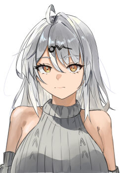 1girl absurdres alternate_costume bare_shoulders breasts chinese_commentary closed_mouth commentary detached_sleeves grey_hair grey_sleeves grey_sweater hair_between_eyes hair_ornament hairpin highres large_breasts long_hair looking_at_viewer ribbed_sweater simple_background solo sweater upper_body white_background yellow_eyes yixuan_(zenless_zone_zero) yu_xiao_(user_mwct3843) zenless_zone_zero