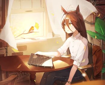 Rule 34 | 1girl, absurdres, ahoge, animal ears, bird, black hair, black pants, blush, brown jacket, collared shirt, commentary request, ear tag, earrings, hair between eyes, harufude, highres, holding, holding menu, horse ears, horse girl, jacket, jewelry, long bangs, long hair, long hair between eyes, manhattan cafe (umamusume), menu, multicolored hair, pants, parted lips, shirt, single earring, sitting, solo, table, umamusume, unworn jacket, very long hair, white hair, white shirt, window, yellow eyes