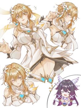 2girls absurdres armpits bare_shoulders black_hair blonde_hair boots breasts closed_eyes columbina_(genshin_impact) commentary_request cropped_legs cropped_torso detached_sleeves dress earrings eye_mask flower genshin_impact gradient_hair hair_between_eyes hair_flower hair_ornament hand_in_own_hair hand_on_own_chest hand_up highres jewelry large_breasts looking_at_viewer lumine_(as_heaven_and_earth_are_made_anew)_(genshin_impact) lumine_(genshin_impact) mask meowny multicolored_hair multiple_girls multiple_views official_alternate_costume one_eye_closed open_mouth parted_lips purple_hair scarf short_hair_with_long_locks simple_background single_earring sparkle thigh_boots thighs twirling_hair white_background white_dress white_mask white_scarf wing_hair_ornament yellow_eyes