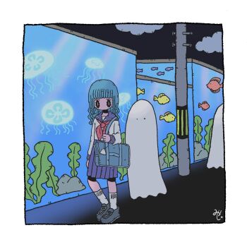 1girl aquarium bad_id bad_twitter_id bag black_eyes blue_hair blue_sailor_collar blue_skirt border charm_(object) fish highres jellyfish long_sleeves miyajimizu neckerchief no_mouth no_nose original outdoors red_neckerchief sailor_collar school_bag school_uniform serafuku sheet_ghost shoes skirt socks utility_pole wavy_eyes wavy_hair white_border