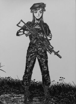 1girl ak-74 aks-74 assault_rifle beret black_shirt blush bordfunker133 camouflage camouflage_pants digital_camouflage gp-25 grenade_launcher greyscale gun hat highres holding holding_gun holding_weapon kalashnikov_rifle long_hair military monochrome no_jacket original outdoors pants paratrooper photo_(medium) rifle russo-ukrainian_war sasha_shoshnikova shirt short_sleeves smile solo standing t-shirt ukrainian_vdv underbarrel_grenade_launcher vdv war_in_donbass weapon
