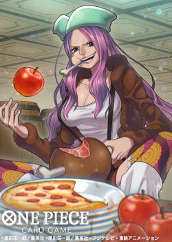 1girl anti-eyebrow_piercing apple barrel brown_jacket commentary_request copyright_name denim2 eating eyelashes face_piercing food fruit fur_jacket hat jacket jewelry_bonney long_hair meat official_art one_piece one_piece_card_game piercing pizza purple_eyes shirt sitting smile solo suspenders thighhighs white_shirt