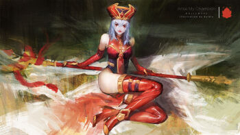 1girl barefoot boots daible elbow_gloves gloves gold_trim hat highres leotard medium_hair red_eyes red_thighhighs sally_whitemane staff thighhighs thighs warcraft white_hair world_of_warcraft