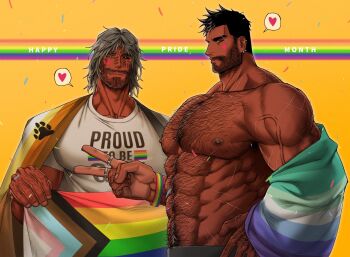 2boys abs animal_bag bara bare_pectorals bear_bag beard_stubble black_hair character_request couple cowboy_shot dark-skinned_male dark_skin dobek_k facial_hair gay_male_pride_flag hairy highres huge_pectorals large_hands lgbt_pride looking_at_viewer male_focus mature_male multiple_boys muscular muscular_male navel navel_hair nipples original pectorals pride_month profile progress_pride_flag rainbow rainbow_flag sam_(dobek_k) scp_foundation shirt short_hair sideburns simple_background standing stomach strongman_waist stubble thick_chest_hair thick_eyebrows thick_navel_hair v yaoi