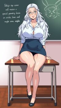 1girl alternate_costume bare_legs blouse blue_eyes braid breasts button_gap chalkboard classroom cleavage desk doodled_object english_text final_fantasy final_fantasy_xiv glasses green_eyes half_up_braid half_updo high_heels jamjamstyle large_breasts lips long_hair looking_at_viewer loporrit miniskirt on_desk pumps school_desk shirt sitting skirt smile solo teacher thick_thighs thighs venat_(ff14) wavy_hair white_hair white_shirt