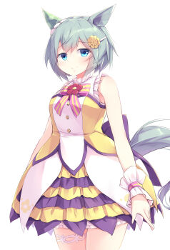 Rule 34 | 1girl, absurdres, animal ears, bare shoulders, blue eyes, blush, breasts, closed mouth, commentary request, cosplay, dress, ear covers, flower, grey hair, hair between eyes, hair flower, hair ornament, hairclip, highres, horse ears, horse girl, horse tail, kanzakietc, looking at viewer, nishino flower (tiered petal) (umamusume), nishino flower (umamusume), nishino flower (umamusume) (cosplay), seiun sky (umamusume), short hair, simple background, single ear cover, sleeveless, sleeveless dress, smile, solo, sunflower, sunflower hair ornament, tail, umamusume, white background, wrist cuffs, yellow dress