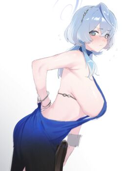 1girl ako_(blue_archive) ako_(dress)_(blue_archive) arm_behind_back backless_dress backless_outfit bag blue_archive blue_dress blue_eyes blue_hair blue_halo blush bracelet breasts closed_mouth dress evening_gown hairband halo handbag highres jewelry large_breasts long_hair looking_at_viewer official_alternate_costume plunging_neckline sideboob sideless_dress sideless_outfit simple_background sleeveless sleeveless_dress solo utsuru4 white_background