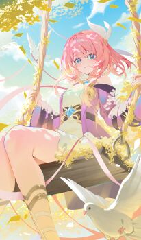 1girl absurdres bare_shoulders bird blue_eyes blue_sky breasts coat commentary_request cyrene_(aedes_elysiae)_(honkai:_star_rail) cyrene_(honkai:_star_rail) day dress feet_out_of_frame hair_ornament hi_i_dubu highres honkai:_star_rail honkai_(series) jewelry korean_commentary long_sleeves looking_at_viewer medium_hair necklace on_swing outdoors parted_lips pink_hair pink_pupils purple_coat sitting sky small_breasts smile solo swing white_bird white_dress