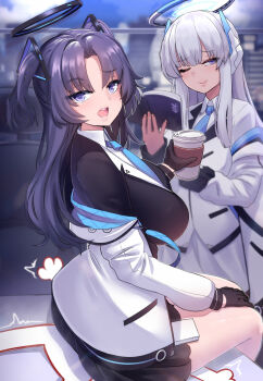 Rule 34 | 1boy, 2girls, black gloves, black jacket, black skirt, blue archive, blue necktie, blurry, blurry background, book, breasts, cloud, cloudy sky, coffee, collared shirt, commentary, commentary request, crushed, cup, doodle sensei (blue archive), english commentary, gloves, hair ornament, halo, highres, holding, holding book, holding cup, jacket, jacket partially removed, kazukoto, long hair, looking at viewer, mechanical halo, millennium science school logo, mixed-language commentary, multiple girls, necktie, noa (blue archive), on table, one eye closed, open mouth, pleated skirt, purple eyes, purple hair, sensei (blue archive), shirt, sitting, sitting on table, skirt, sky, table, triangle hair ornament, twitching, two side up, white hair, white jacket, white shirt, white skirt, yuuka (blue archive)