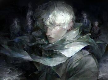 1girl 4boys absurdres apron axis_powers_hetalia belarus_(hetalia) belt black-framed_eyewear black_background black_bow black_bowtie black_jacket black_necktie blonde_hair blue_sweater_vest bow bowtie breasts brother_and_sister brown_hair closed_mouth coat collared_coat collared_dress collared_shirt cowboy_shot dated dress estonia_(hetalia) floating_clothes floating_hair formal_clothes glasses green_belt green_eyes green_jacket green_necktie green_pants grey_coat grey_hair hair_between_eyes hair_bow half-closed_eyes hands_in_pockets highres jacket jefferage juliet_sleeves lapels latvia_(hetalia) lips lithuania_(hetalia) long_hair long_sleeves looking_at_viewer medium_breasts military military_jacket military_uniform multiple_boys necktie pants puffy_sleeves purple_dress purple_eyes red_shirt russia_(hetalia) scarf semi-rimless_eyewear shirt short_hair siblings signature simple_background smile solo_focus standing suit suit_jacket sweater_vest teeth very_long_hair waist_apron white_apron white_bow white_hair white_scarf white_shirt