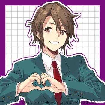 Rule 34 | 1boy, blazer, brown eyes, brown hair, collared shirt, commentary request, green jacket, grin, heart, heart hands, ito noizi, jacket, kita high school uniform, koizumi itsuki, long sleeves, male focus, necktie, red necktie, school uniform, second-party source, shirt, short hair, smile, solo, suzumiya haruhi no yuuutsu, watermark, white shirt, winter uniform
