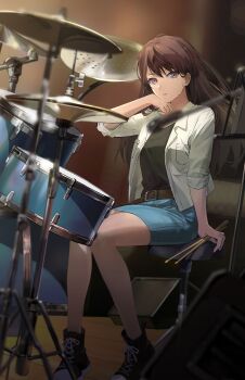Rule 34 | 1girl, bang dream!, bang dream! it's mygo!!!!!, belt, belt buckle, black shirt, blue skirt, blurry, blush, brown belt, brown hair, buckle, chinese commentary, commentary request, commission, depth of field, drum, drum set, drumsticks, hand up, highres, holding, holding drumsticks, instrument, jacket, long hair, mole, mole under eye, open clothes, open jacket, open mouth, purple eyes, second-party source, shiina taki, shirt, shoes, sitting, skirt, sneakers, solo, sweat, three-quarter sleeves, watermark, weibo watermark, white jacket, wiping sweat, yannn