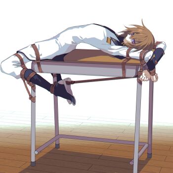 1boy arched_back black_boots boots bound bound_ankles bound_arms bound_legs bound_wrists brown_hair coat desk expressionless gundam gundam_seed highres kira_yamato knee_boots looking_at_viewer lying male_focus military_uniform on_back on_desk pants purple_eyes school_desk seed0x0 shibari short_hair simple_background sitting sleeve_cuffs solo white_background white_coat white_pants wooden_floor
