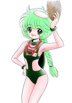 Rule 34 | 1girl, arm up, azukiarai (guruguru medaman), balding, bodysuit, bodysuit under clothes, braid, braided ponytail, commentary request, cowboy shot, fang, glint, green eyes, green hair, green leotard, guruguru medaman, hand on own hip, holding, holding plate, jewelry, leotard, long hair, looking at viewer, necklace, okano takeshi, open mouth, pearl necklace, pink bodysuit, plate, ponytail, simple background, single braid, smile, solo, standing, traditional youkai, white background, wooden plate