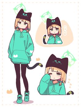1girl :< animal_hat black_hat black_pantyhose blonde_hair blue_archive blunt_bangs blush bow cat_hat cat_tail closed_mouth commentary_request cropped_torso dot_nose drawstring full_body green_bow green_eyes green_halo green_hoodie green_shoes green_shorts hair_bow halo hand_in_pocket hand_up hat highres hood hood_down hoodie long_sleeves looking_at_viewer midori_(blue_archive) multiple_views nyan one_eye_closed pantyhose pantyhose_under_shorts parted_lips shoes short_hair shorts sleepy sleeves_past_fingers sleeves_past_wrists squeans standing tail translation_request yoru_nai