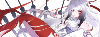 1girl agencypostart alternate_form bare_shoulders black_hair blush breasts floating floating_object floating_sword floating_weapon hair_intakes hair_ornament hairband highres leg_tattoo long_hair looking_at_viewer medium_breasts multicolored_hair multiple_swords multiple_weapons official_alternate_design official_alternate_hair_color official_alternate_hair_length official_alternate_hairstyle red_eyes red_hair streaked_hair sword tattoo very_long_hair weapon white_hair white_hairband ye_shunguang zenless_zone_zero