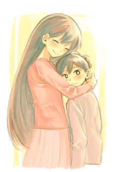 Rule 34 | 1boy, 1girl, 2023, 20s, 347 (artist), age difference, black hair, blush, brother and sister, casual, closed eyes, from side, height difference, highres, hug, long hair, looking at viewer, mari (omori), omori, siblings, simple background, smile, standing, sunny (omori), teenage girl and younger boy, very long hair