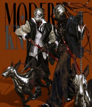 1boy 1girl armor armored_animal belt belt_buckle black_belt black_hair black_jacket black_necktie black_pants black_shirt black_shoes brother_and_sister buckle chain chain_leash collared_shirt commentary dark-skinned_female dark-skinned_male dark_skin dobermann dog dreadlocks english_commentary english_text floating_hair full_body helmet highres holding holding_leash holding_sword holding_weapon jacket jewelry knight leash long_sleeves necktie open_clothes open_collar open_jacket original pants red_background ring shirt shirt_tucked_in shoes sianaparkart siblings signature sleeve_cuffs sneakers sword turtleneck weapon white_shirt