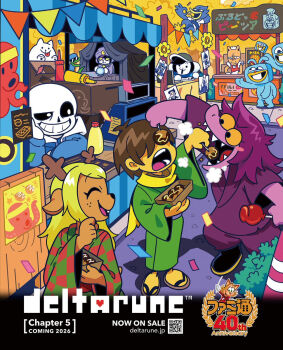 annoying_dog berdly_(deltarune) candy_apple cash_register catti_(deltarune) confetti deltarune eating festival food highres japanese_clothes jockington_(deltarune) kimono kris_(deltarune) lancer_(deltarune) nelnal noelle_holiday official_art open_mouth queen_(deltarune) rouxls_kaard sans_(undertale) scarf sharp_teeth smile spamton_g._spamton susie_(deltarune) takoyaki teeth temmie third-party_source utdr_(toby_fox)