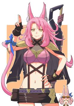 Rule 34 | > <, 2girls, :d, animal ear fluff, animal ears, armor, bayonet, blue bandages, border, breasts, cat ears, cat girl, cat tail, collarbone, commentary request, cowboy shot, duel monster, fingerless gloves, gloves, goggles, goggles on head, gun, gun on back, hand on own hip, highres, kitt (yu-gi-oh!), long hair, looking at viewer, medium breasts, multiple girls, navel, open mouth, pink hair, shibumi, shoulder armor, skirt, smile, solo focus, stomach, tail, tail ornament, tail ring, tri-brigade ferrijit the barren blossom, tri-brigade kitt, weapon, weapon on back, white border, xd, yellow eyes, yu-gi-oh!