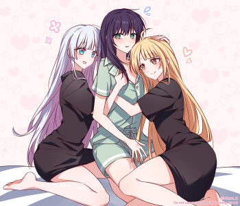 Rule 34 | 3girls, absurdres, bare legs, barefoot, black shirt, blonde hair, blue eyes, bug, cho kaguya-hime!, closed mouth, colored inner hair, commentary, fly, girl sandwich, green eyes, green shirt, green shorts, hashtag-only commentary, heart, heart background, highres, hug, insect, kaguya (cho kaguya-hime!), lettern h, long hair, multicolored hair, multiple girls, pink hair, purple hair, red eyes, runami yachiyo, sakayori iroha, sandwiched, shirt, shorts, smile, white hair, yuri