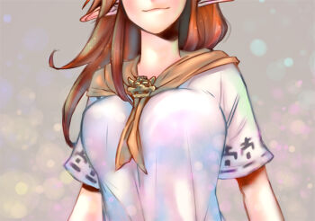 1girl breast_focus breasts brown_hair brown_neckerchief closed_mouth commentary_request cremia eyes_out_of_frame grey_background head_out_of_frame highres illust_mi large_breasts long_hair neckerchief nintendo pointy_ears shirt smile solo the_legend_of_zelda the_legend_of_zelda:_majora's_mask white_shirt