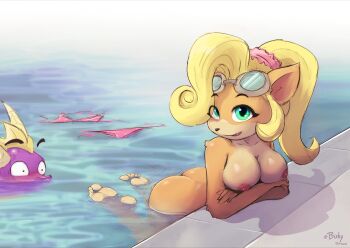 1girl artist_name ass bikini biskydraws blonde_hair blush coco_bandicoot completely_nude crash_bandicoot_(series) crossed_arms crossover feet furry furry_female goggles goggles_on_head green_eyes highres long_hair looking_at_viewer nipples nude partially_submerged pink_bikini ponytail soles spyro_(series) spyro_the_dragon swimsuit toes unworn_bikini unworn_bikini_bottom unworn_bikini_top water watermark