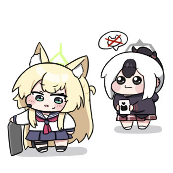 2girls animal_ears animal_print beleullin black_eyes black_hoodie black_skirt blonde_hair blue_archive blush_stickers cat_print chibi chibi_only closed_mouth commentary ear_piercing english_commentary fox_ears fox_girl frown furrowed_brow green_eyes green_halo grey_halo hair_between_eyes halo holding holding_phone holding_shield hood hood_down hoodie kayoko_(blue_archive) kurumi_(blue_archive) long_hair looking_at_another looking_at_viewer miniskirt multicolored_hair multiple_girls open_mouth phone piercing plaid_clothes plaid_skirt pleated_skirt ponytail red_skirt school_uniform serafuku shield shirt sidelocks simple_background skirt speech_bubble spoken_object standing two-tone_hair v-shaped_eyebrows very_long_hair white_background white_hair white_shirt