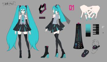 1girl absurdres aqua_eyes aqua_hair aqua_necktie bare_shoulders belt black_boots black_skirt black_sleeves black_thighhighs boots character_name commentary_request concept_art detached_sleeves disembodied_hand earpiece from_behind full_body grey_background grey_shirt hair_ornament hatsune_miku hatsune_miku_(vocaloid6) heart heart_hair_ornament high_heel_boots high_heels highres interlocked_fingers lam_(ramdayo) light_smile long_hair looking_at_viewer midriff_peek miniskirt multiple_views necktie number_tattoo official_art own_hands_together piano_print pleated_skirt production_art reference_sheet shirt shoulder_tattoo skirt sleeveless sleeveless_shirt sound_wave split_mouth standing striped_clothes striped_shirt tattoo thighhighs twintails vertical-striped_clothes vertical-striped_shirt very_long_hair vocaloid walking zettai_ryouiki zipper_footwear