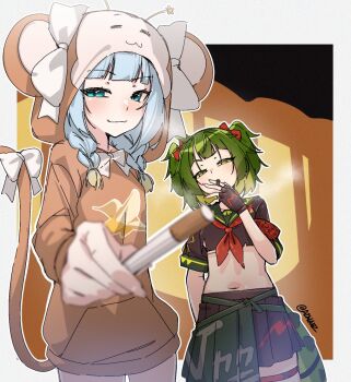 2girls banana_print black_gloves black_shirt black_skirt blue_eyes blue_hair bow bowtie closed_mouth cropped_shirt fingerless_gloves food_print fruit_print gloves green_eyes green_hair hair_bow jelly_hoshiumi midriff monkey_hood monkey_tail multiple_girls navel neckerchief nitya_nil onesie phase_connect photo-referenced pleated_skirt red_bow red_neckerchief shirt skirt smoking tail tail_bow tail_ornament tilt-shift_(azalanz) twitter_username virtual_youtuber white_bow white_bowtie