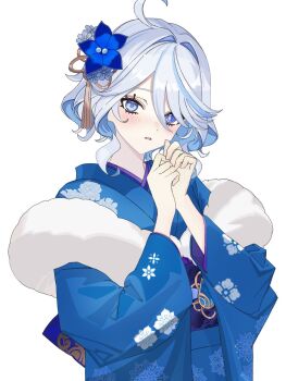 Rule 34 | 1girl, alternate costume, blue eyes, blue flower, blue hair, blue kimono, commentary request, cowlick, drop-shaped pupils, eyelash ornament, floral print, floral print kimono, flower, fur trim, furina (genshin impact), genshin impact, hair flower, hair ornament, heterochromia, highres, japanese clothes, kimono, looking at viewer, mismatched pupils, multicolored hair, print kimono, rea 0523, simple background, solo, streaked hair, symbol-shaped pupils, upper body, white background