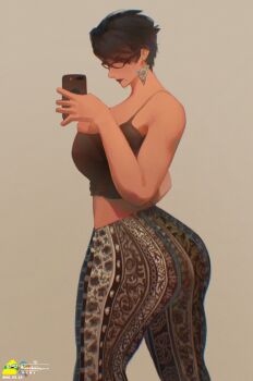 1girl artist_name ass bayonetta bayonetta_(series) bell-bottoms black_hair breasts earrings forbidden_pants glasses highres hiroshi_(hiiroshiiii) jewelry large_pectorals mole mole_under_mouth pants pectorals print_pants simple_background solo