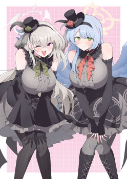 2girls ;d absurdres ascot black_hat black_headband blue_archive blue_wings breasts commentary_request crossed_bangs dress flower green_ascot green_flower green_rose grey_dress grid_background halo hat hat_flower headband highres idol idol_clothes low_wings mine_(blue_archive) mine_(idol)_(blue_archive) mini_hat mini_top_hat multiple_girls one_eye_closed open_mouth ousaka_(buppa_man) pink_background pink_flower pink_rose red_ascot ringed_eyes rose sakurako_(blue_archive) sakurako_(idol)_(blue_archive) simple_background smile top_hat white_halo wings yellow_halo