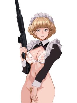 1girl apron black_shirt blonde_hair bottomless bra breasts commentary_request cropped_shirt gun highres holding holding_gun holding_weapon korean_commentary large_breasts long_sleeves maid no_panties original pubic_hair pubic_hair_peek puffy_long_sleeves puffy_sleeves shirt short_hair simple_background solo underwear wani_(perfect_han) weapon white_apron white_background white_bra