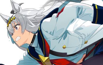 1girl absurdres ahoge animal_ears bilingual_commentary blue_eyes clenched_teeth commentary commentary_request english_commentary green_hair highres horse_ears horse_girl long_hair long_sleeves mixed-language_commentary neckerchief oguri_cap_(starlight_beat)_(umamusume) oguri_cap_(umamusume) red_neckerchief reibun_(raven1119) running shirt simple_background solo sweat teeth umamusume white_background white_shirt