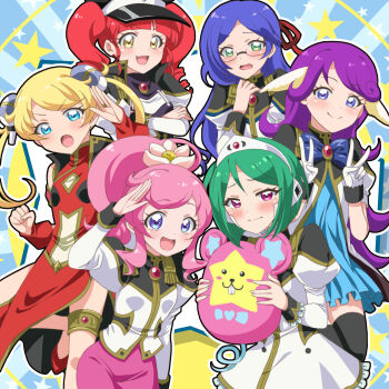 6+girls akagi_anna aoba_rinka blue_eyes blue_hair blush clenched_hand cosplay flower forte_stollen forte_stollen_(cosplay) galaxy_angel high_ponytail highres karasuma_chitose kiratto_pri_chan long_hair midorikawa_sara milfeulle_sakuraba milfeulle_sakuraba_(cosplay) mint_blancmanche mint_blancmanche_(cosplay) moegi_emo momoyama_mirai multiple_girls official_style open_mouth pencil_skirt pink_hair ponytail pretty_series ranpha_franboise ranpha_franboise_(cosplay) ribbon salute shido_mel skirt smile soraeda thighhighs twintails vanilla_h vanilla_h_(cosplay)